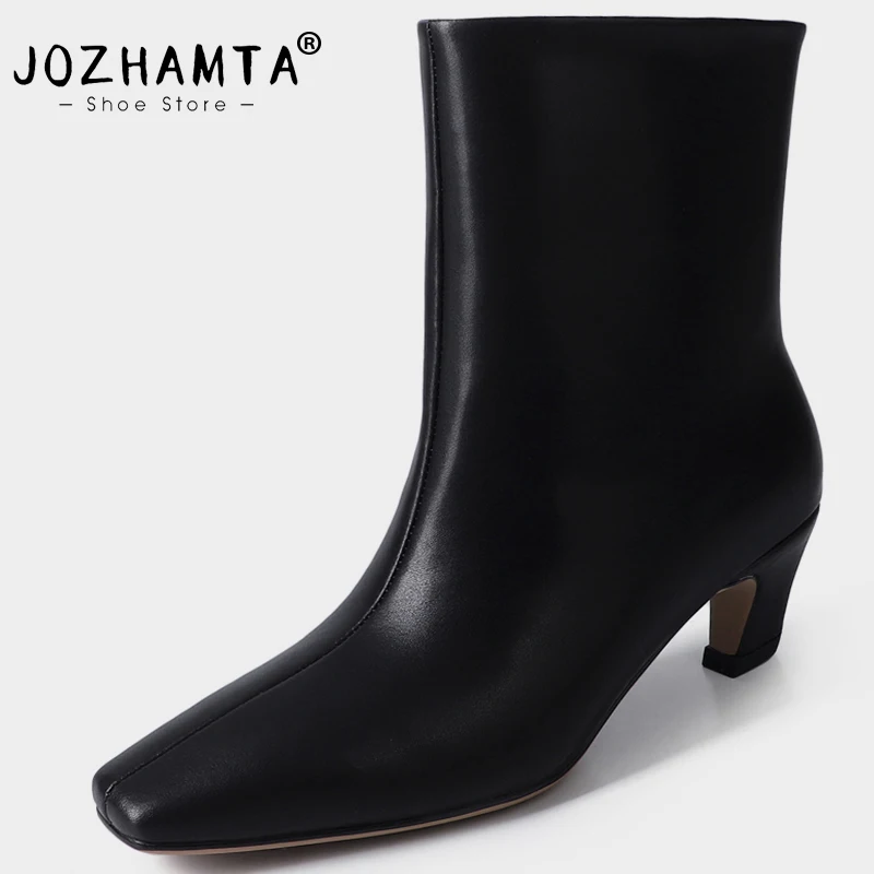 JOZHAMTA Size 34-40 Wide Mid Calf Boots For Women Real Leather Kitten Heels Ankle High Boots Casual Vintage Office Daily Dressy