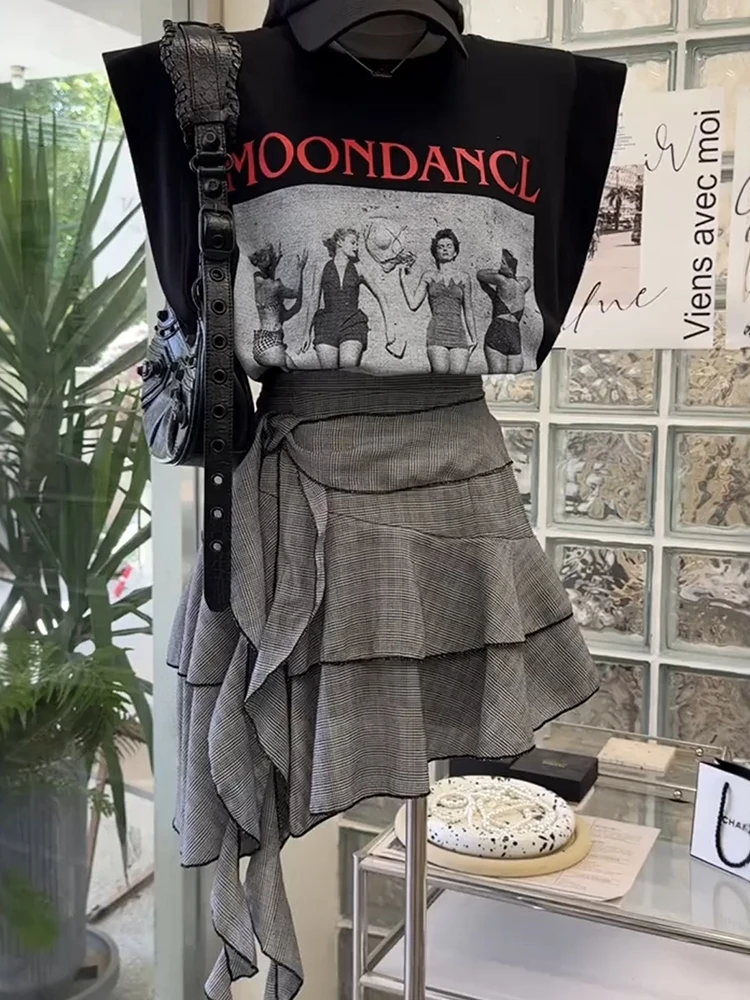 

Ретро-комплект из двух предметов: футболка без рукавов с американским принтом и юбка с поясом, женская модная летняя одежда из хлопковой смеси (топ и низ)