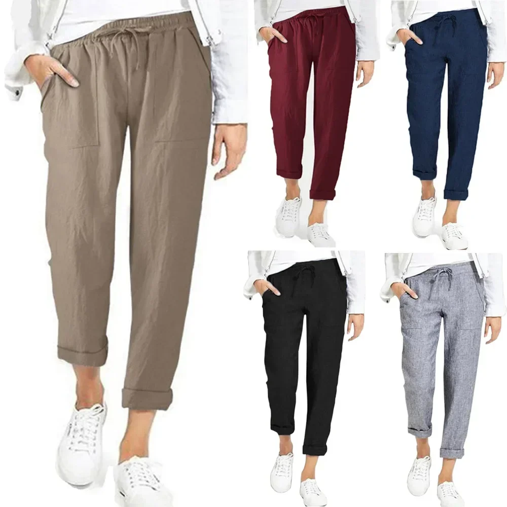 2025 Summer Cotton Linen Women's Pants Black Lace Up Pockets High Waist Casual Pants Spring Female Fashion Office Ladies Bottom