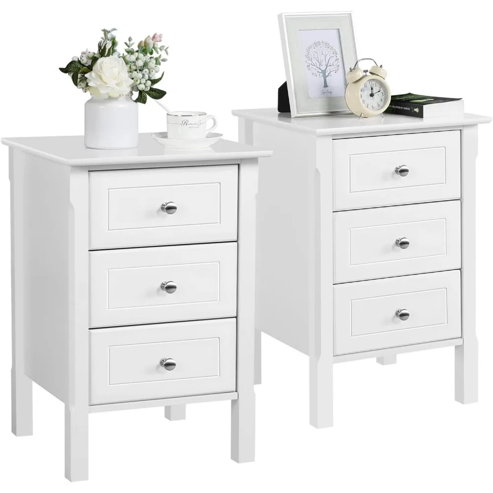 

Bedside Table Set of 2, Nightstand with 3 Drawer and Solid Wood Legs, Accent Night Stand with Storage Cabinet for Home Office