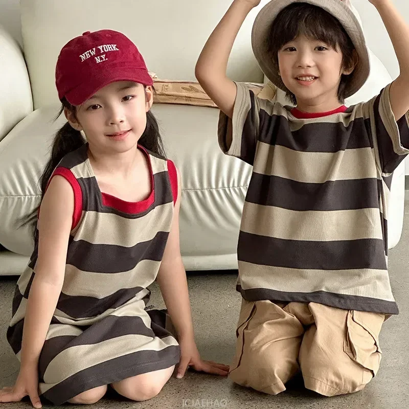 

Baby Twins Clothes Korean Children Boys T Shirts Shorts Outfits Brother SisterSleeveless Dress Matching Siblings Clothing Girls
