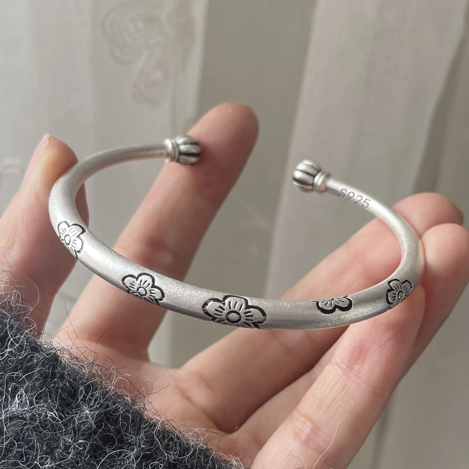 

100% Solid 925 Sterling Silver Retro Bracelet for Women Men Vintage Handmade Sparkling Flower Bracelet Birthday Gift