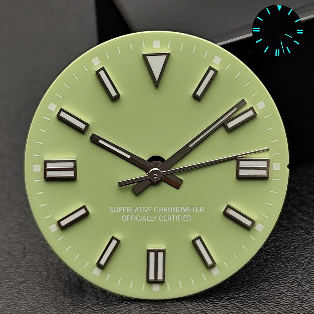 Blau-Grün Leuchtendes 28,5mm Zifferblatt ohne Datum, Zeiger mit individuellem Logo, passend für NH35 8215 2824 2836 Uhrwerke, Uhrenzubehör – Detail 3