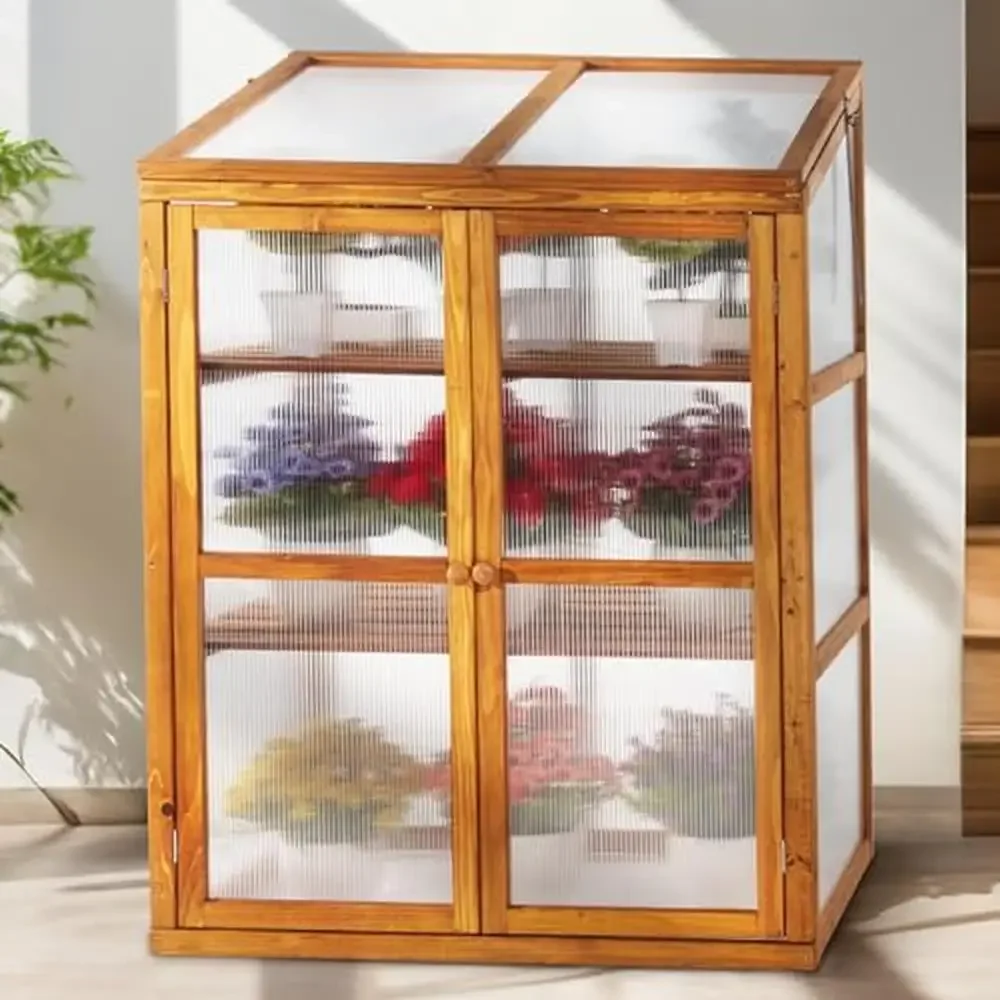 

2-Tier Fir Wood Greenhouse Cabinet with Transparent Polycarbonate Sheet Foldable Top Stable Temperature Control Sturdy Frame