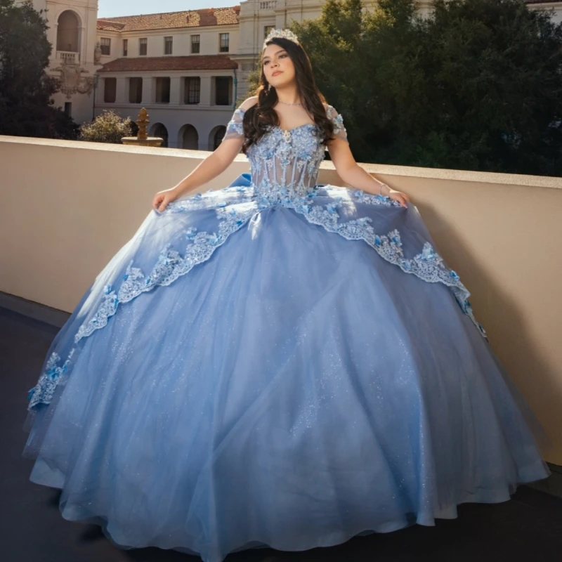 

Blue Shiny Quinceanera Dresses Ball Gown Off The Shoulder Applique Lace Beading Crystal Tull Bow Party Birthday Sweet 16 Dress