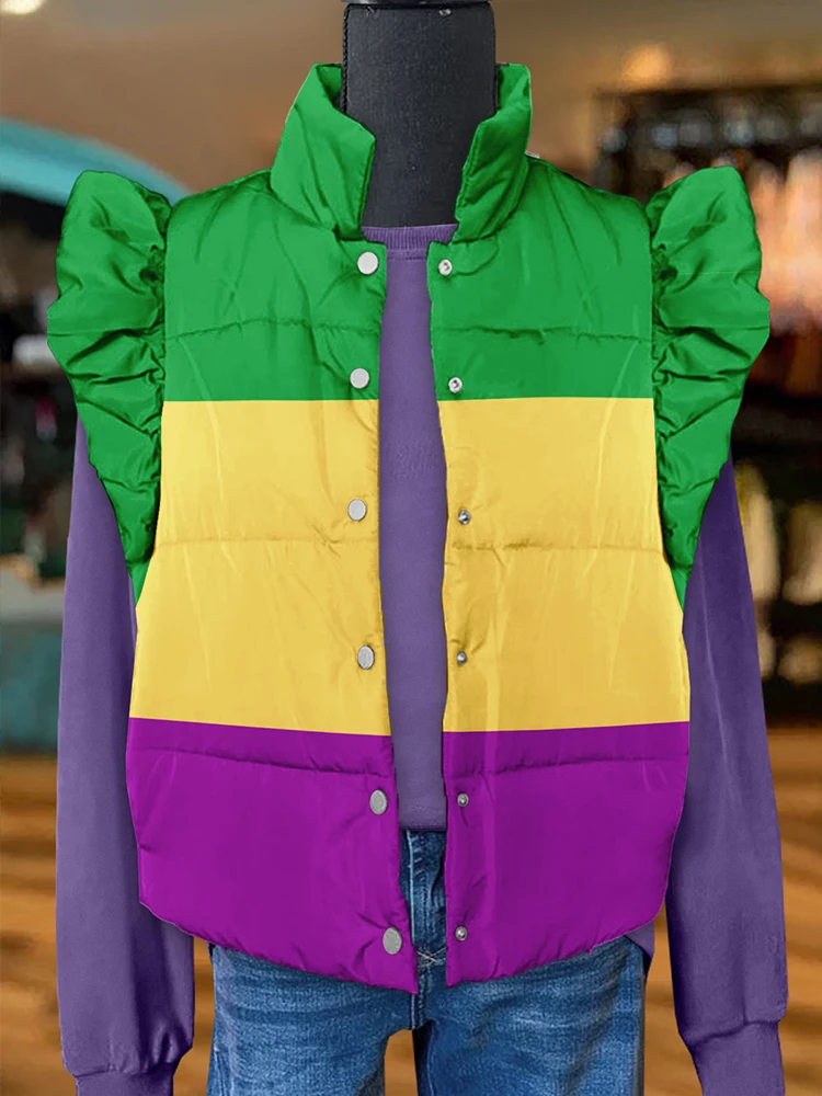 Mardi Gras Contrast Print Pocket Vest