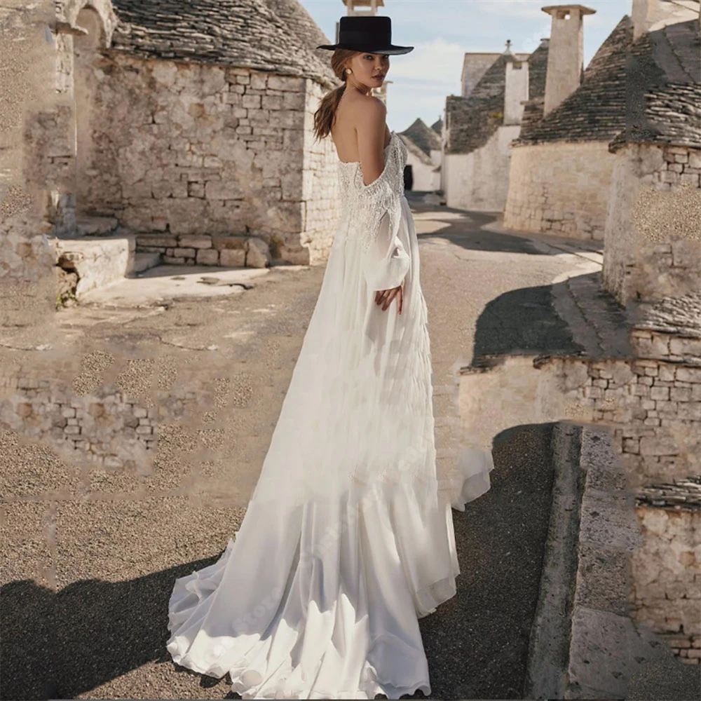 Robes de mariée A-ligne à col en V sexy pour femmes, impression de dentelle, patients dos nu, quelle que soit la longueur de vadrouille élégante, été, éducatif