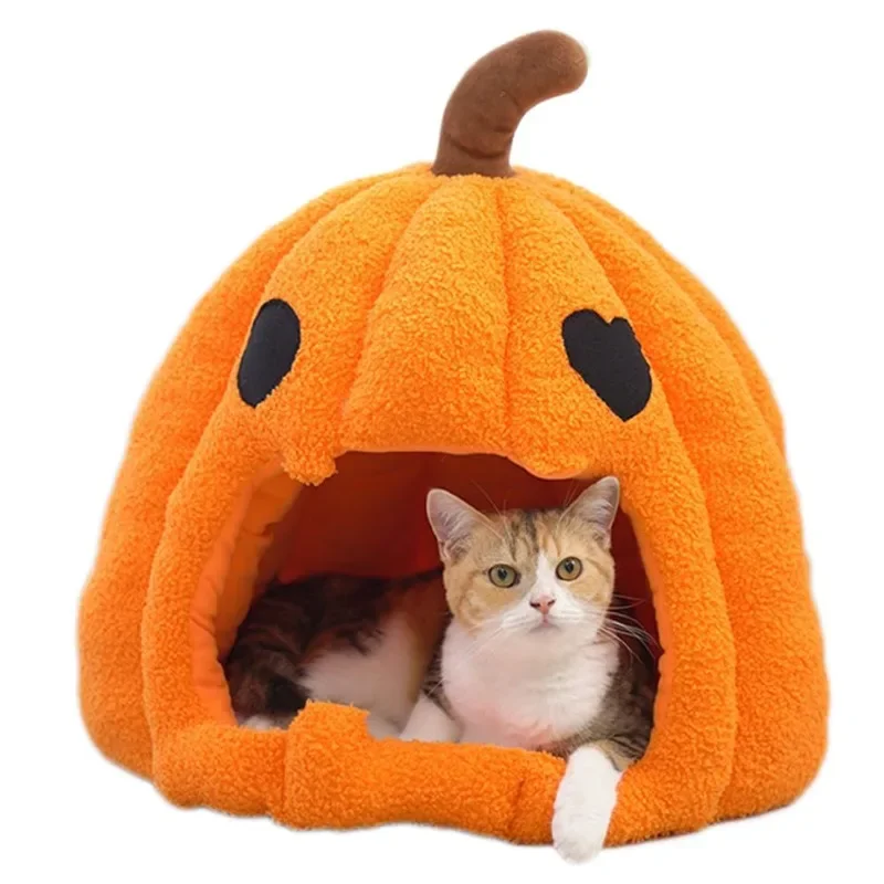 Cute Pumpkin Cat Bed for Indoor Cats Cat House Tent with Removable Washable Cushioned Pillow (20 Inch)