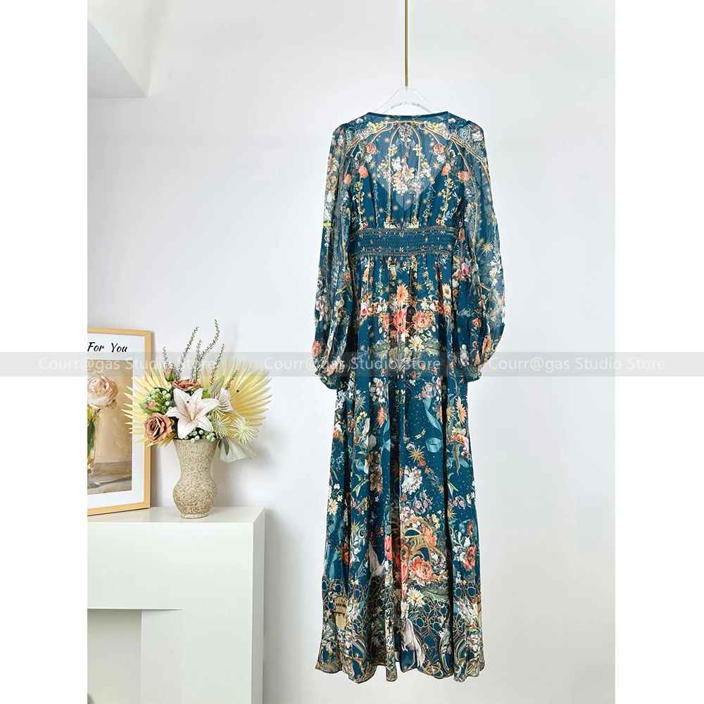 Europe and the United States retro silk printing sexy wide V-neck high-waisted swing celebrity goddess long dress dresses