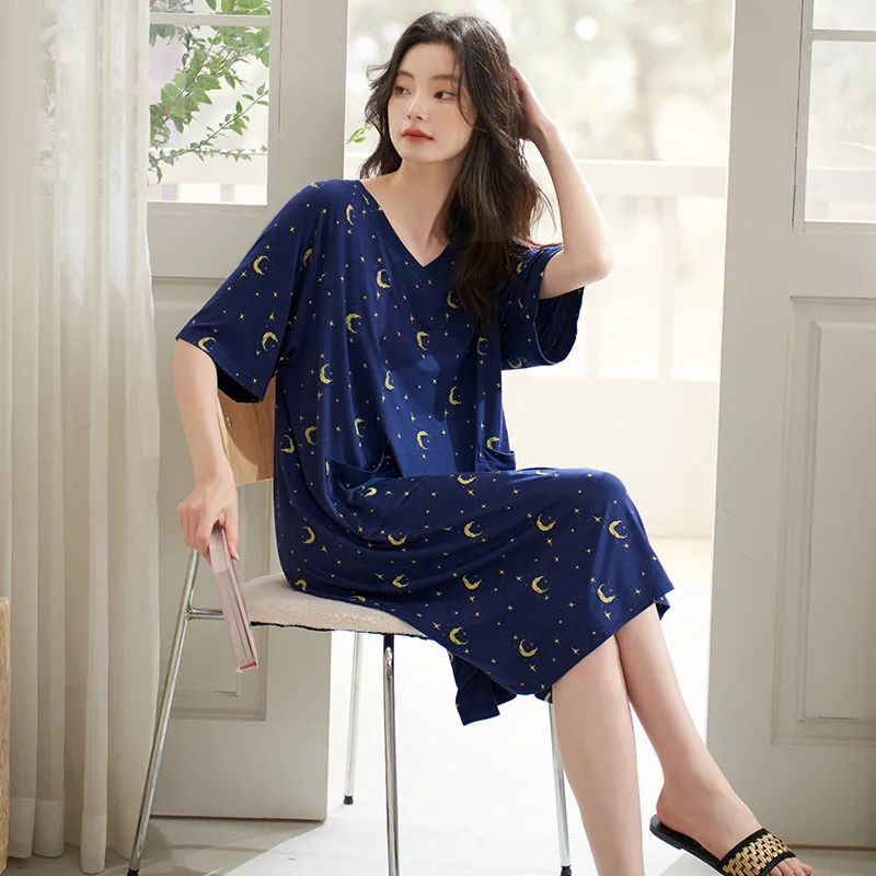 Summer Women's Long Dress Modal V-Neck Sleepwear Home Cloth Nightshirt Women Causal Sleepwear Loose Ladies Nightgown Women Dress