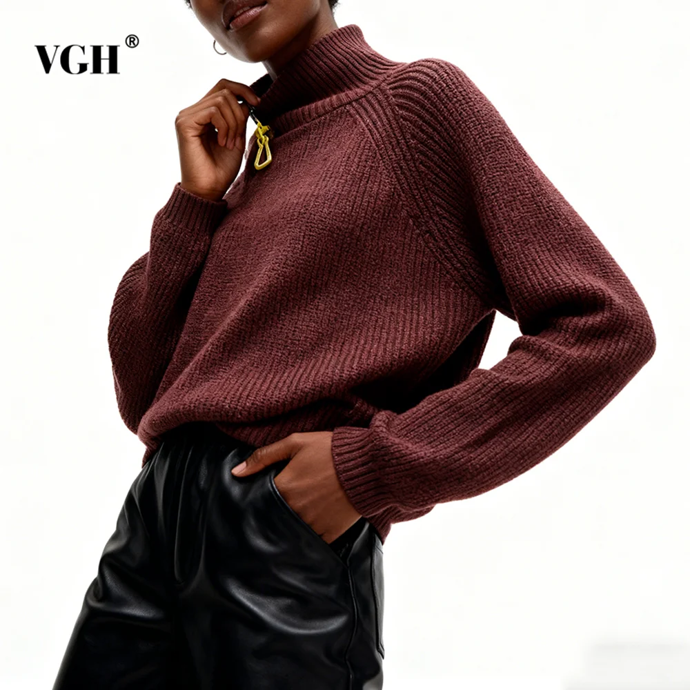 

VGH Temperament Warm Solid Knitted Sweaters For Women Stand Collar Long Sleeve Spliced Zipper Autumn Casual Sweater Female New