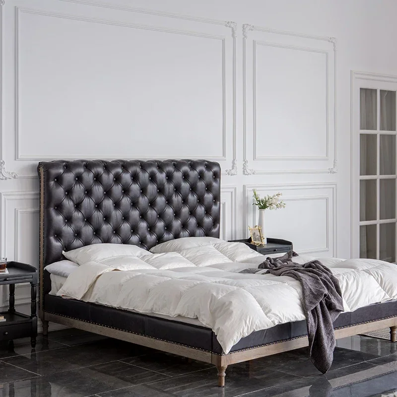 

American Country Solid Wood Leather Pull Buckle High Back Bed Master Bedroom Double Cowhide Bed