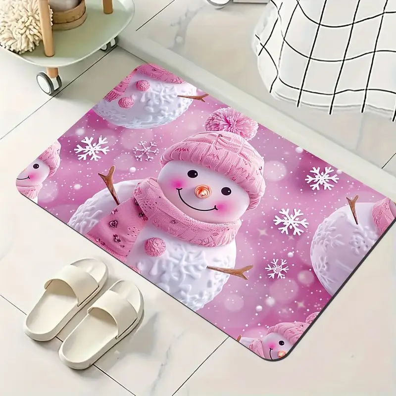 VIKAMA Christmas Pink Snowman Rug—Non-Slip, Easy-Care Entryway Doormat and Absorbent Bathroom Mat, Home Decor