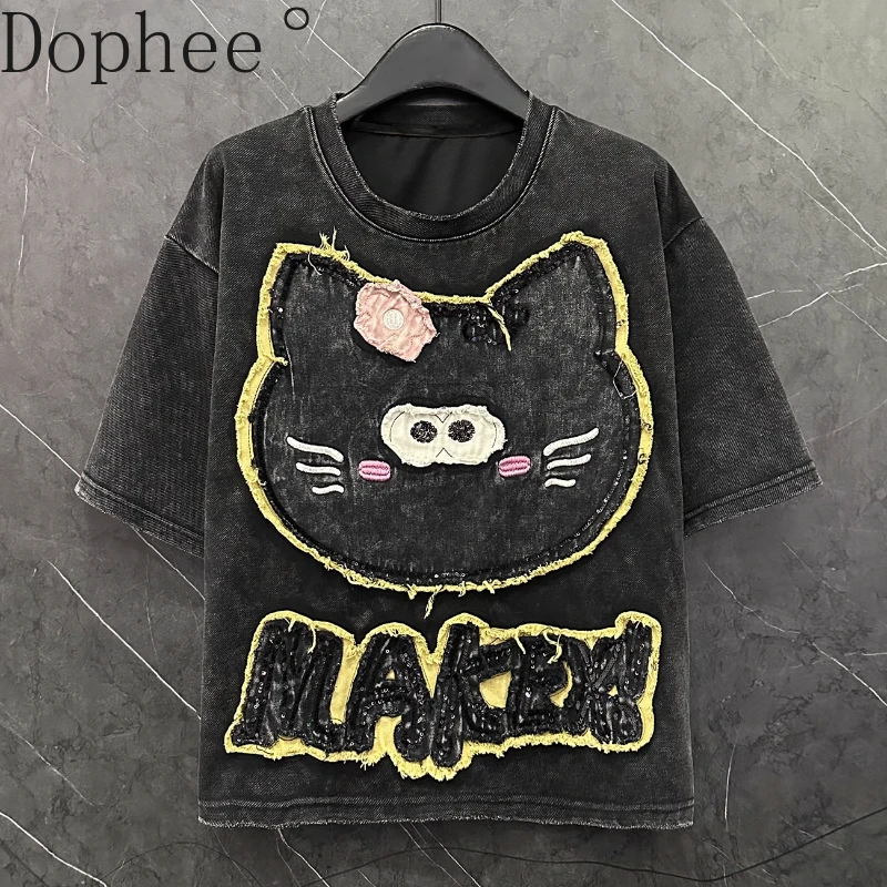 

2025 New Spring Summer Black Grey Short Sleeve T-shirt Patch Cartoon Embroidery Loose O-neck Pullover Top Casual Women Tees
