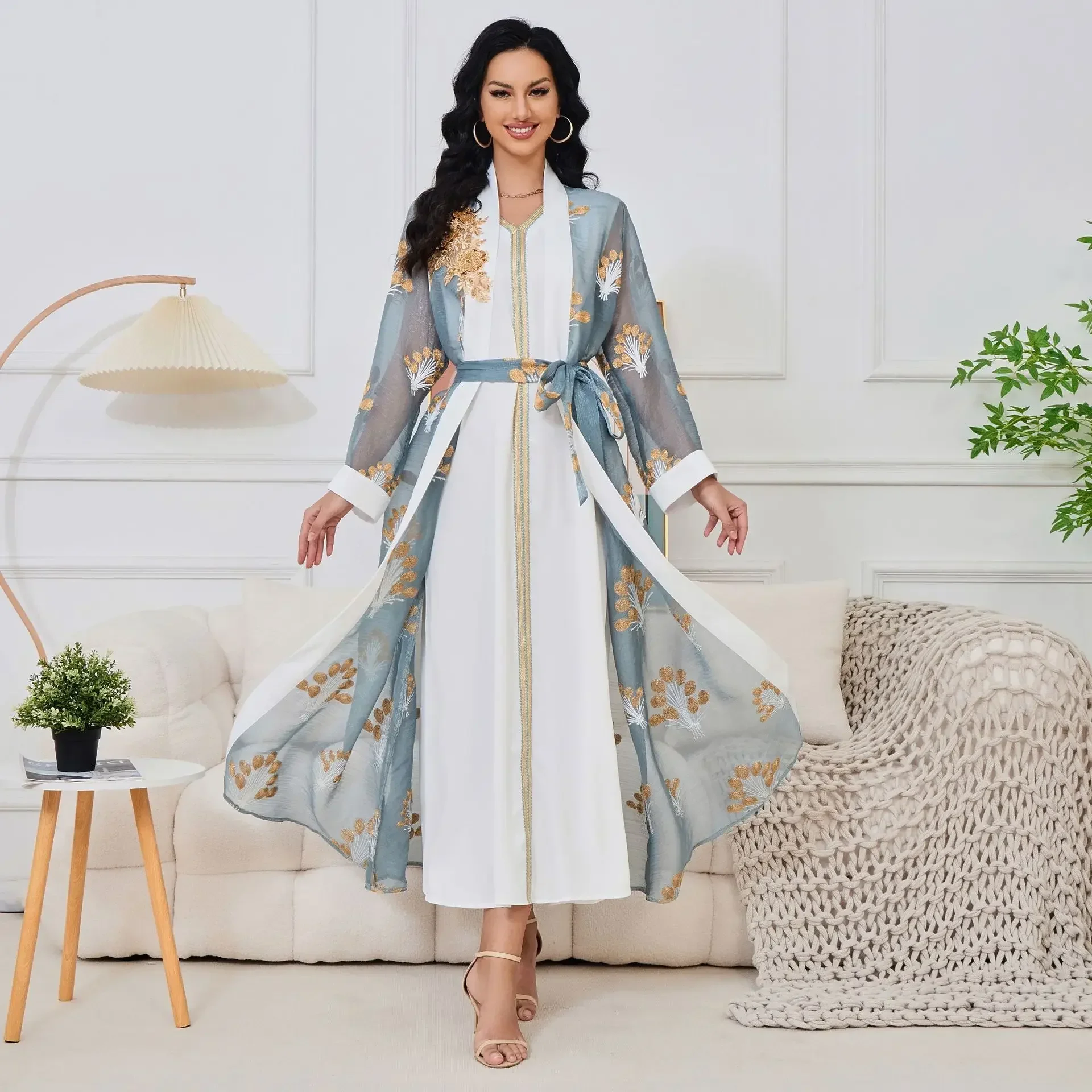 Muslim Set Embroidery Bead Two-piece Commuter Nationality Dresses for Women Eid Long Sleeves Robe Jalabiya Ramadan Muslim Dress