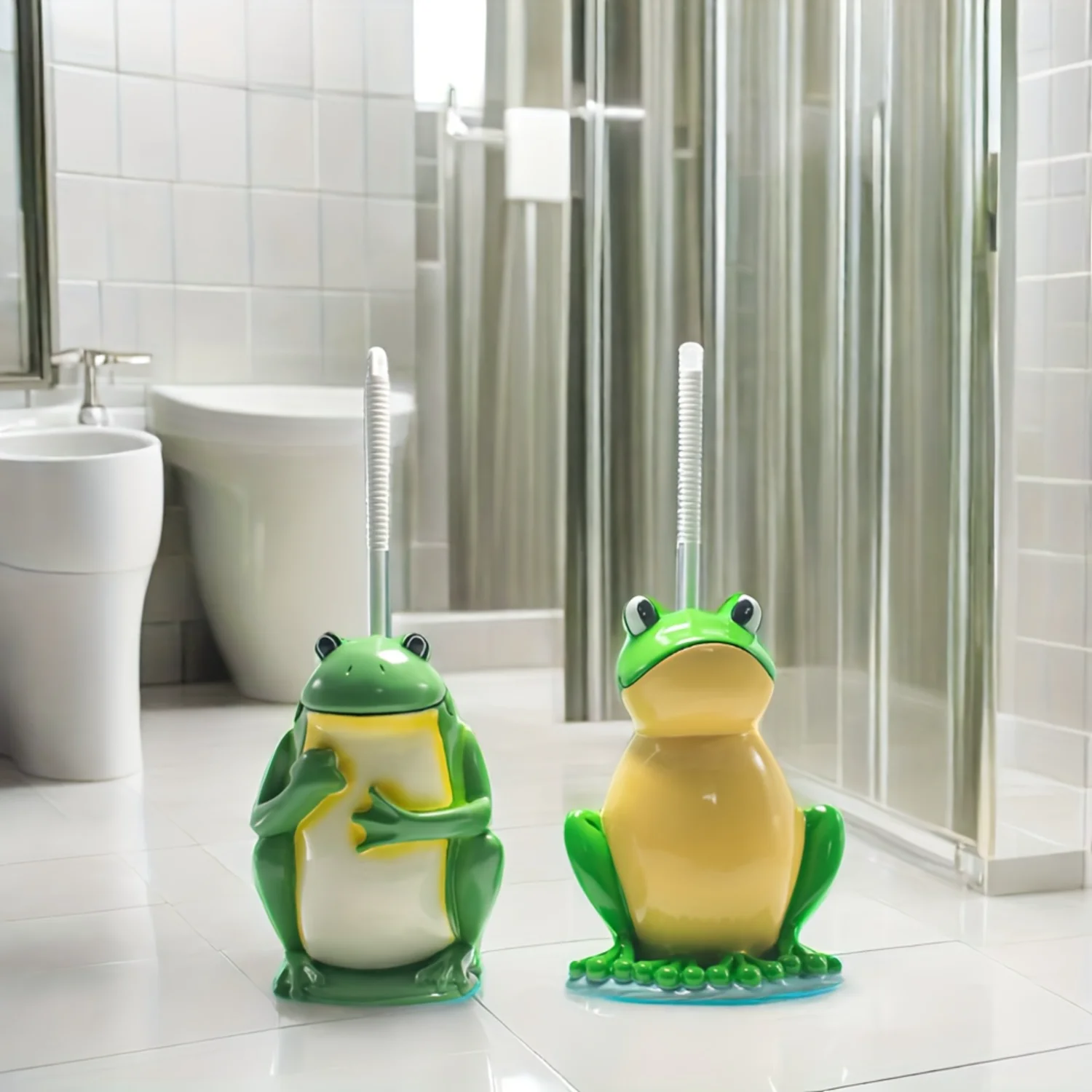 Adorable Frog Toilet Brush Set - Compact & Drip-Proof, Resin Holder for Space-Saving , Easy Assembly, Deep Cleaning Bathroom Acc