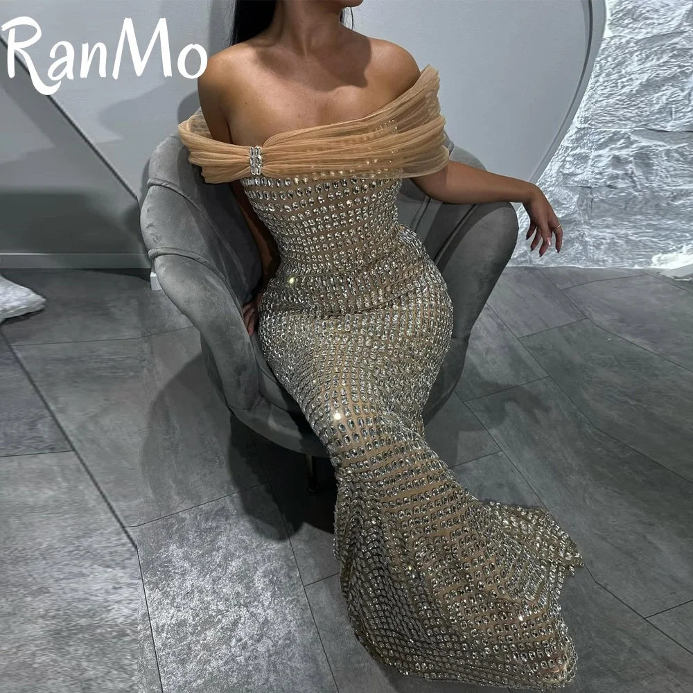 

Ranmo Exquisite Off Shoulder Beaded Sparkly Mermaid Evening Dress Wedding Party Dresses Customized Luxury Prom Gown Sleeveless