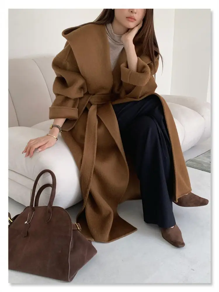 

Office Lady Hooded Woolen Jackets 2025 Autumn And Winter Bathrobe Style Lace-Up Loose Hooded Women's Long 100% Wool Coats