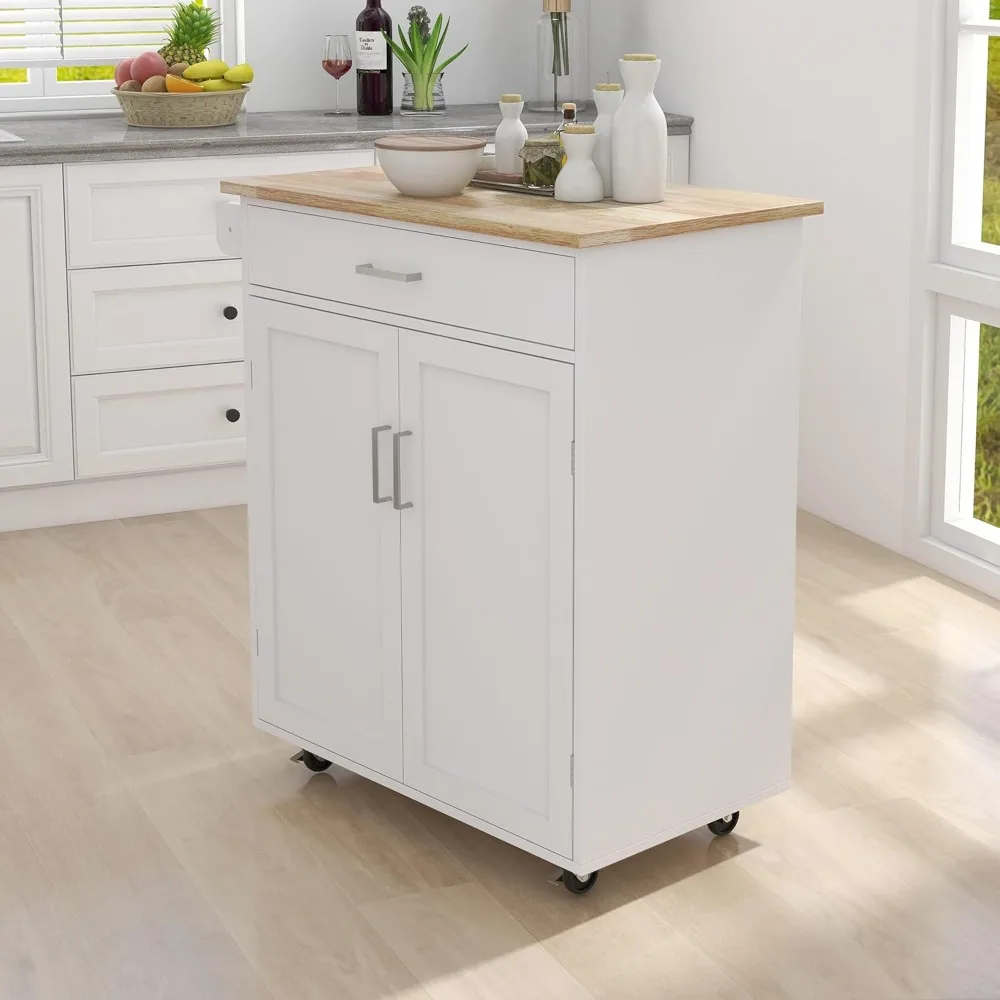 Kitchen Island on Wheels White Rolling Trolley Cart with Rubber Solid Wood Countertop One Drawer and 2 Doors Towel Rack