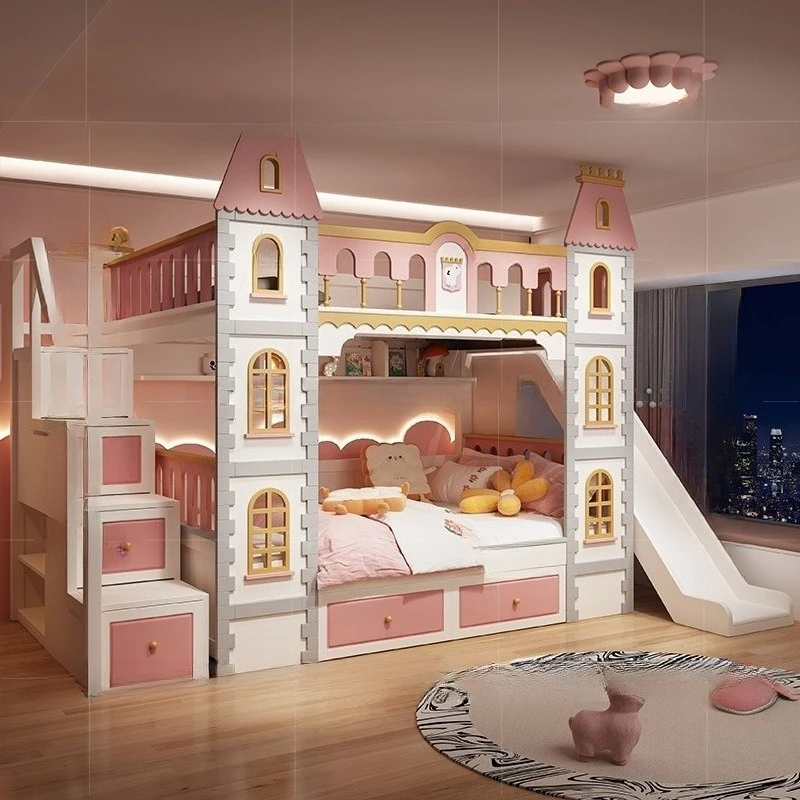 All solid wood children's up and down beds Bunk beds High and low beds Two floors Princess Dream Castle Slide Villa