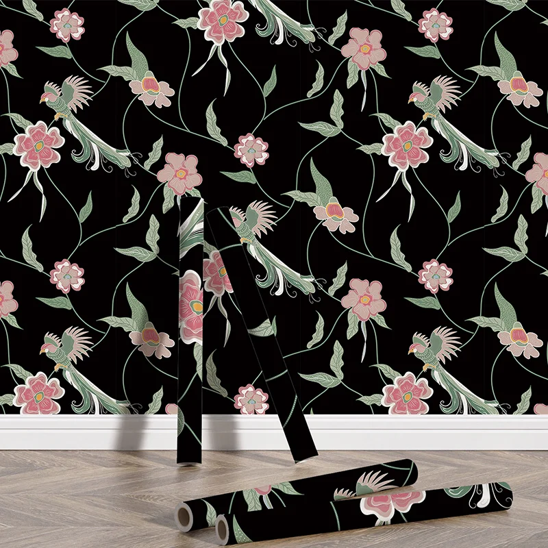 

Peel And Stick painting of birds and flowers Wallpaper Black Removable Paper For Livingroom Decorations Wall Mural17.2"*118"