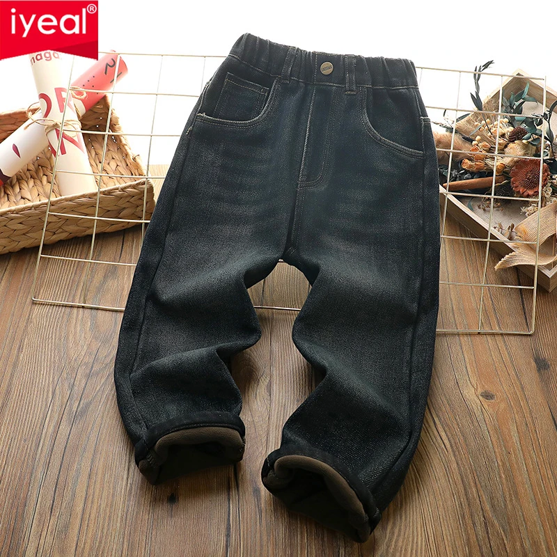 

Детские однотонные теплые джинсы IYEAL для мальчиков, повседневные брюки, детские брюки, Осень-зима 2024, теплые плотные флисовые брюки для мальчиков