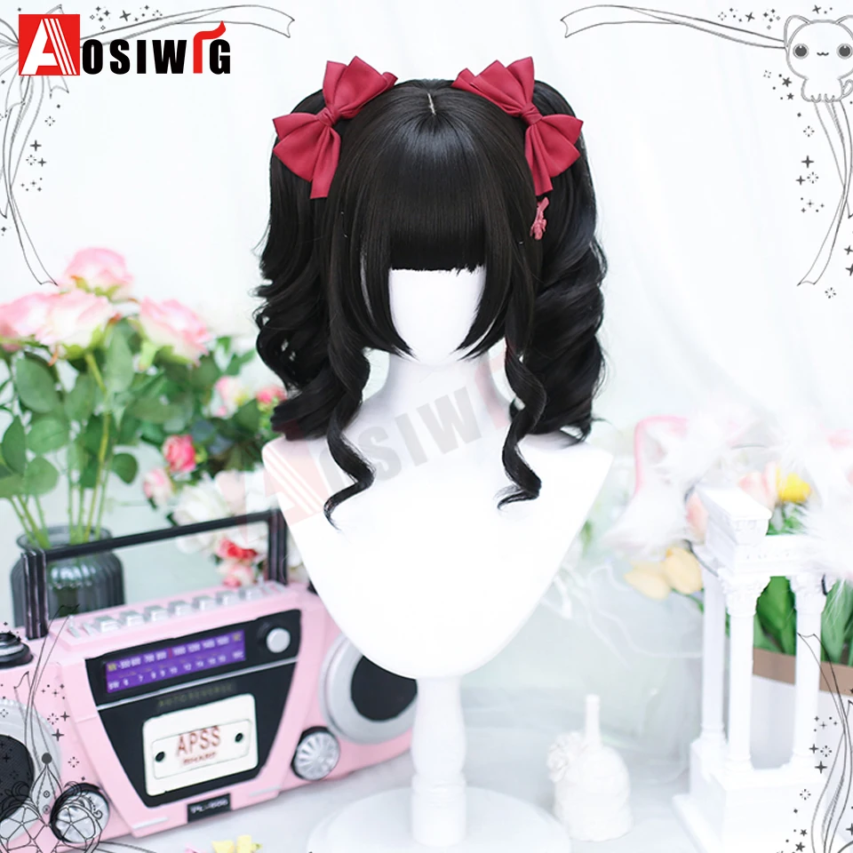 Synthetische Lolita-Perücke im Prinzessinnen-Schnitt mit doppeltem Pferdeschwanz und Pony, für Mädchen, Ombre, Blond, Braun, Weiß, Grau, Cosplay, Halloween, Harajuku-Perücke