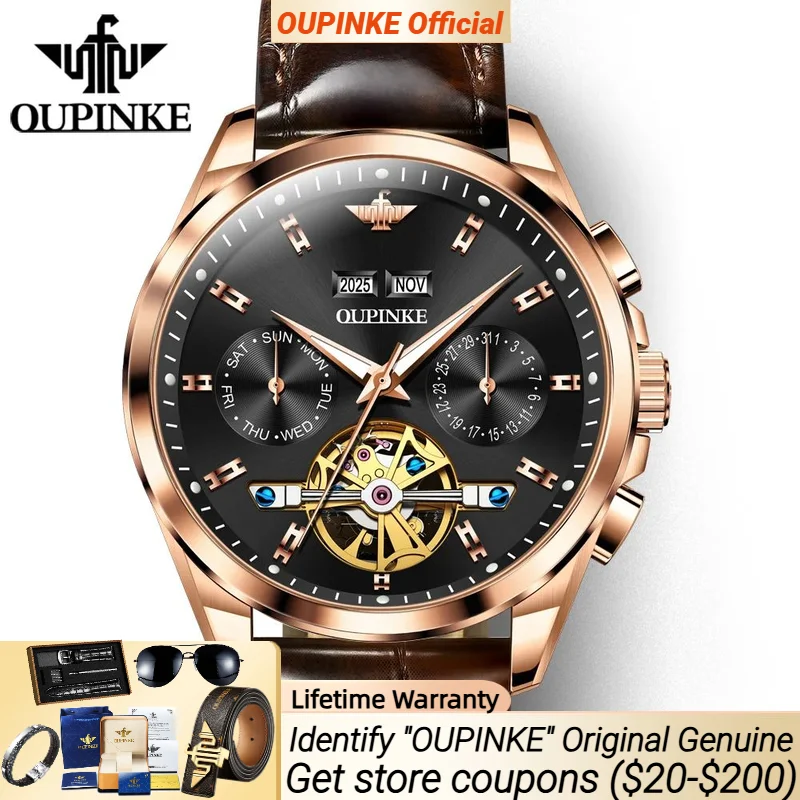 

OUPINKE 3291, автоматические механические часы для мужчин, роскошные высококачественные наручные часы с кожаным ремешком, водонепроницаемые мужские часы