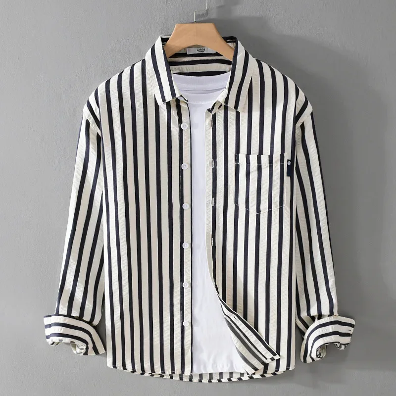 Men's Striped Long Sleeved Shirt Versatile and Minimalist Youth Shirt