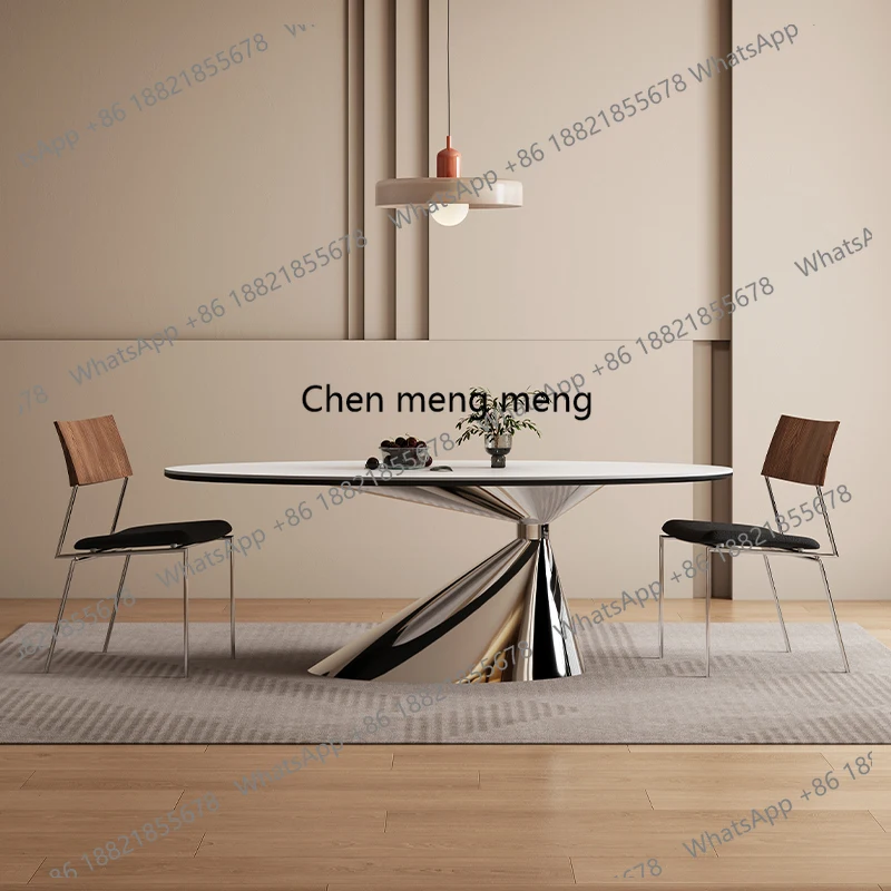 

Premium rock slab dining table and chairs light luxury modern simple oval home Italian living room designer table