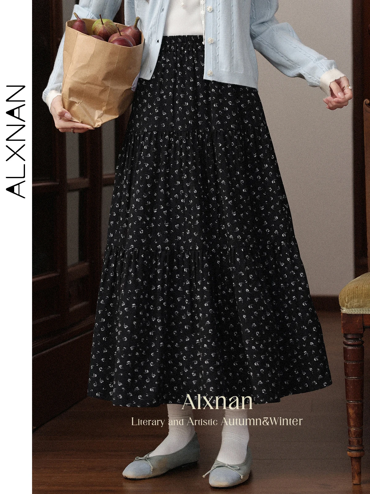 

ALXNAN Black Floral Skirt 2025 Autumn Long A-line Women's Skirts Elegant High-waist Office Lady Loose-fit Female Clothing L56733