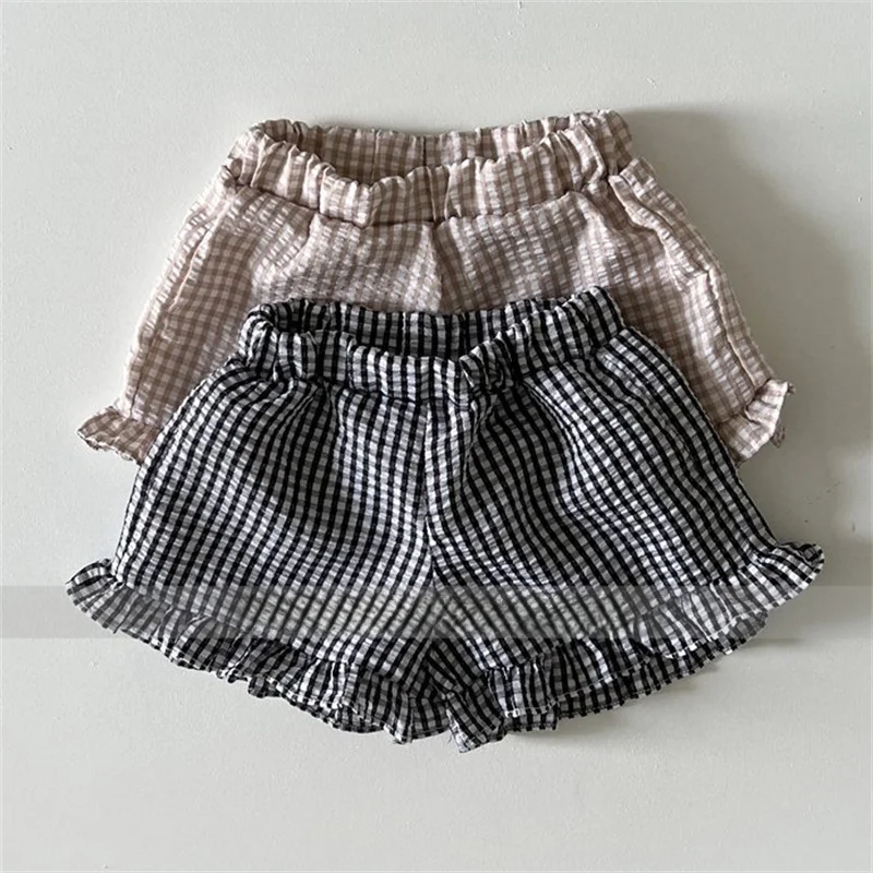 Children\'s ins k-style summer new suit for girls and babies plaid lace elastic waist casual shorts two-piece set