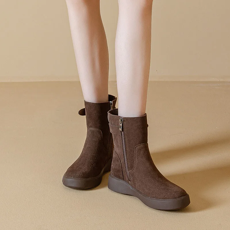 DRKANOL النساء منتصف العجل أحذية الخريف الشتاء تصميم جديد شقة جلد البقر الحقيقي جولة تو سستة منصة عادية أفخم الاتجاه الدافئ الأحذية #4