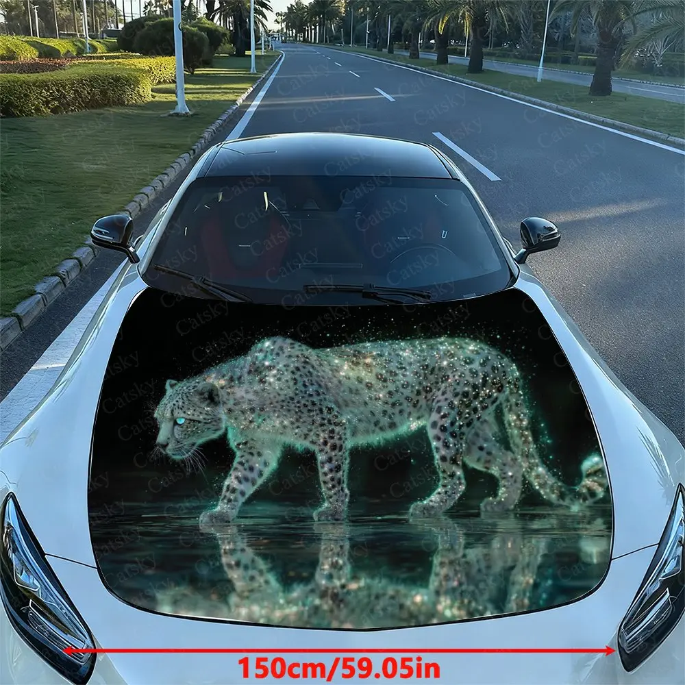 Green Fluorescent Snow Leopard Car Vinyl Wrap - Waterproof PVC Self-Adhesive Scratch-Resistant Sticker For Engine Cover
