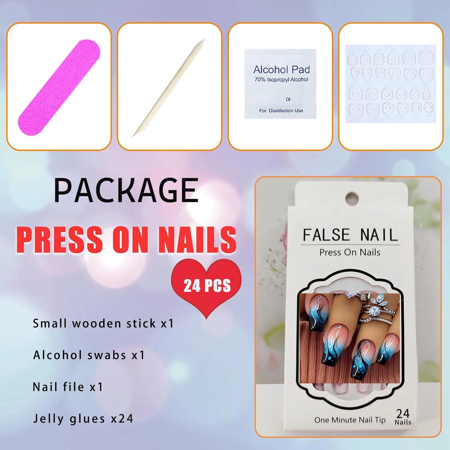 Blue Gradient Press on Nails Long Ballet False Nails Full Cover Press on Nails French Coffin Reusable Fake Nails Press on Flame