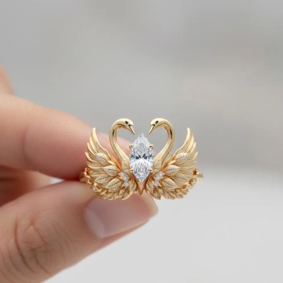 European-style Swan-wing Engagement Ring - High-quality Marquise-shaped Zirconia- 18k Gold Women Ring -Daily Versatile Accessory - view 2