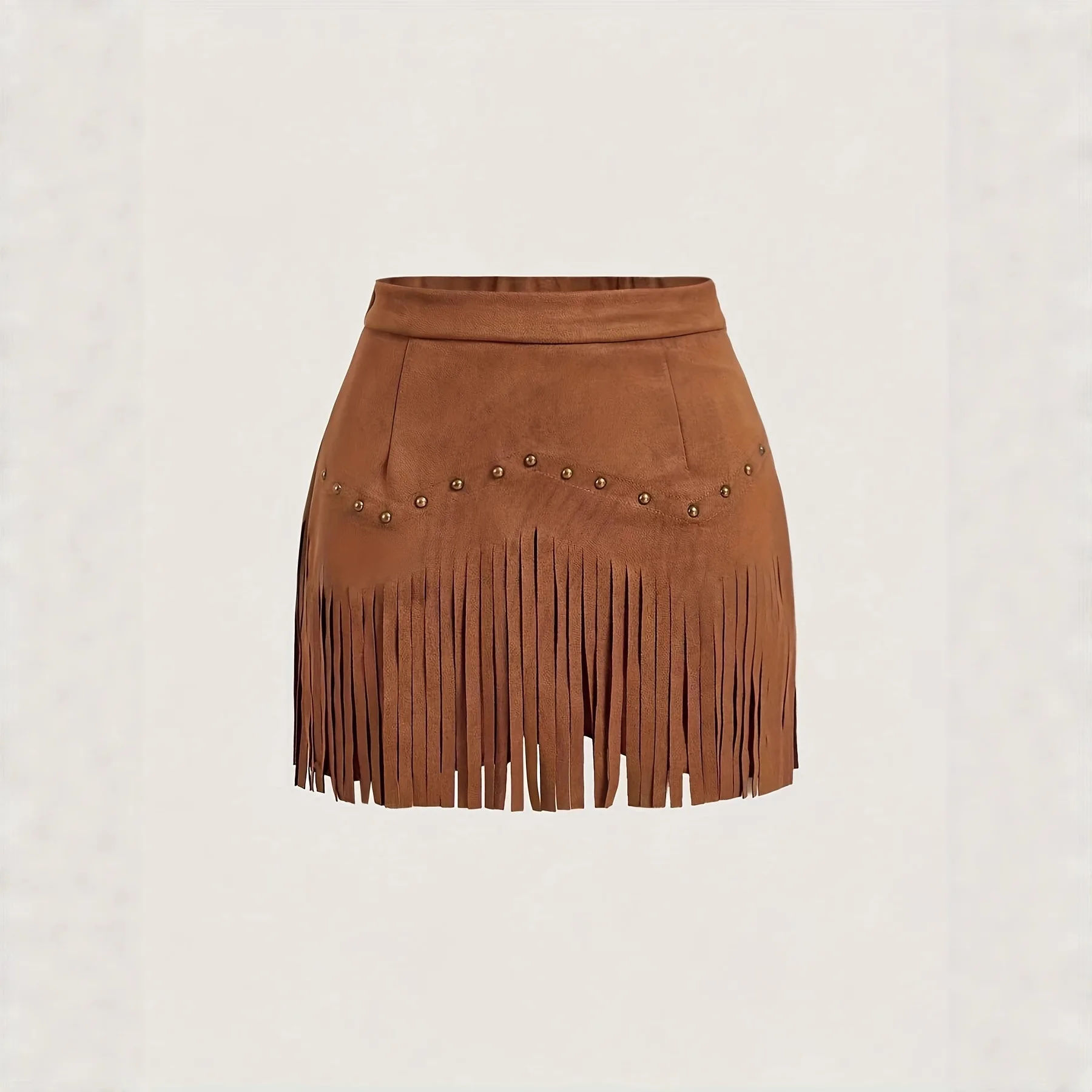 Women's Pure Color Suede Fringe Mini Skirts High Waist Studded Tassel Short Skirt Retro Rivet Decor Faux Suede Dresses