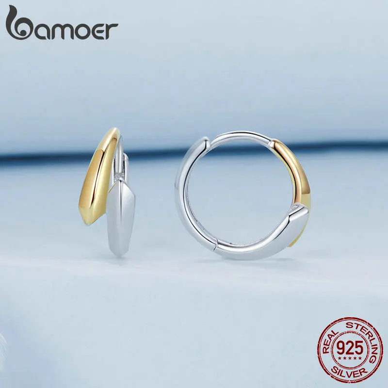 BAMOER 925 Sterling Silver Simple Two-tone Ear Buckles Classic Hypoallergenic Hoop Earrings for Women Fine Jewelry Gift BSE1021