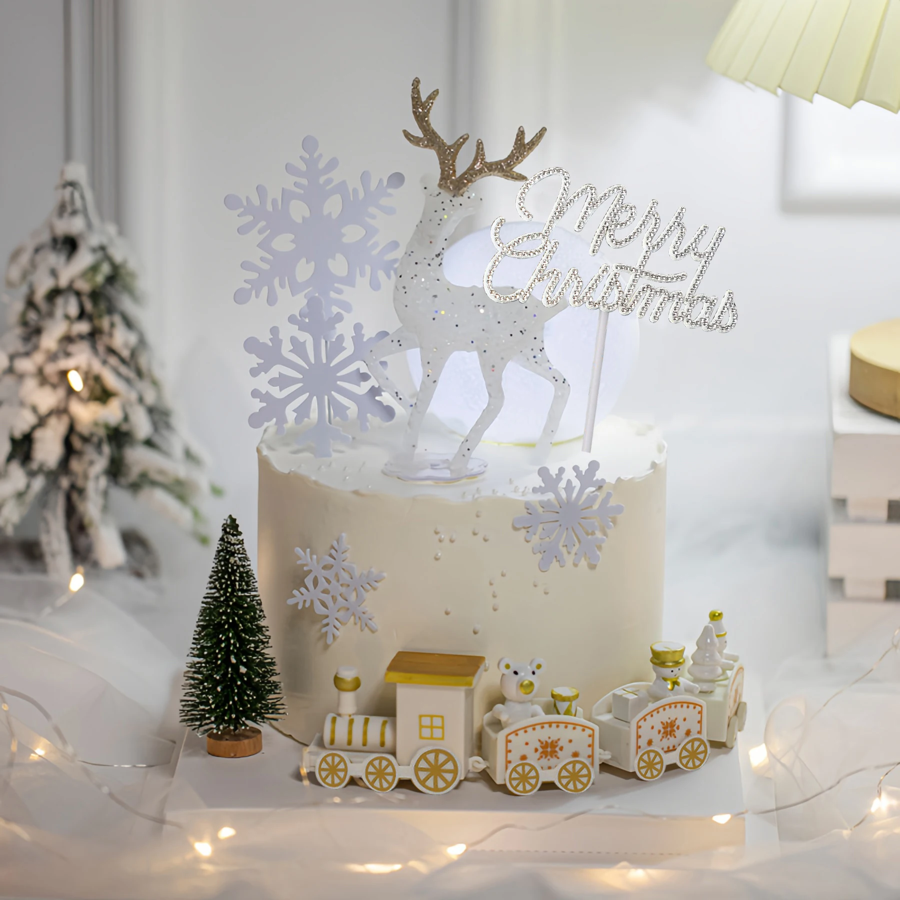 8 Stück/1 Stück Weihnachtsbaum kleiner Zug Schneeflocke Elch Kuchen Topper, für Weihnachten Thema Party DIY Kuchen Dessert Dekoration Set