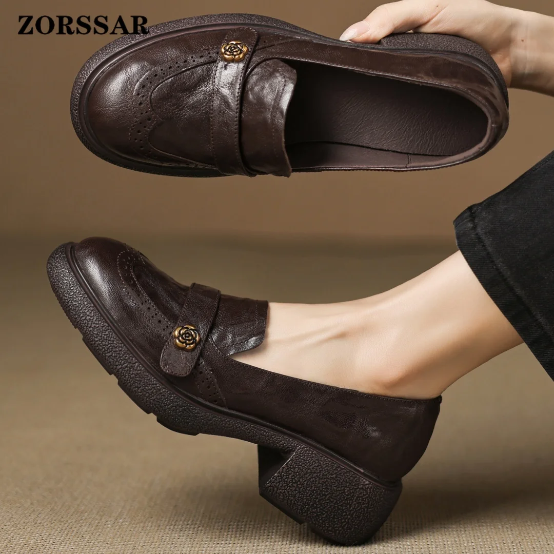 Women's Sheepskin Round Toe Carving British Style Slip-on Loafers 5cm Thick Med Heel Platform Casual Female Moccasins Shoes Sale