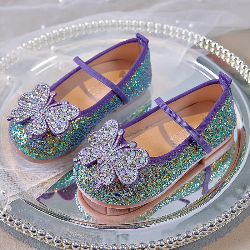 Girls Rhinestone Butterfly Mary Janes Kids Glitter Princess Flats Toddler Party Shoes Children Gradient Glitter Butterfly Flats