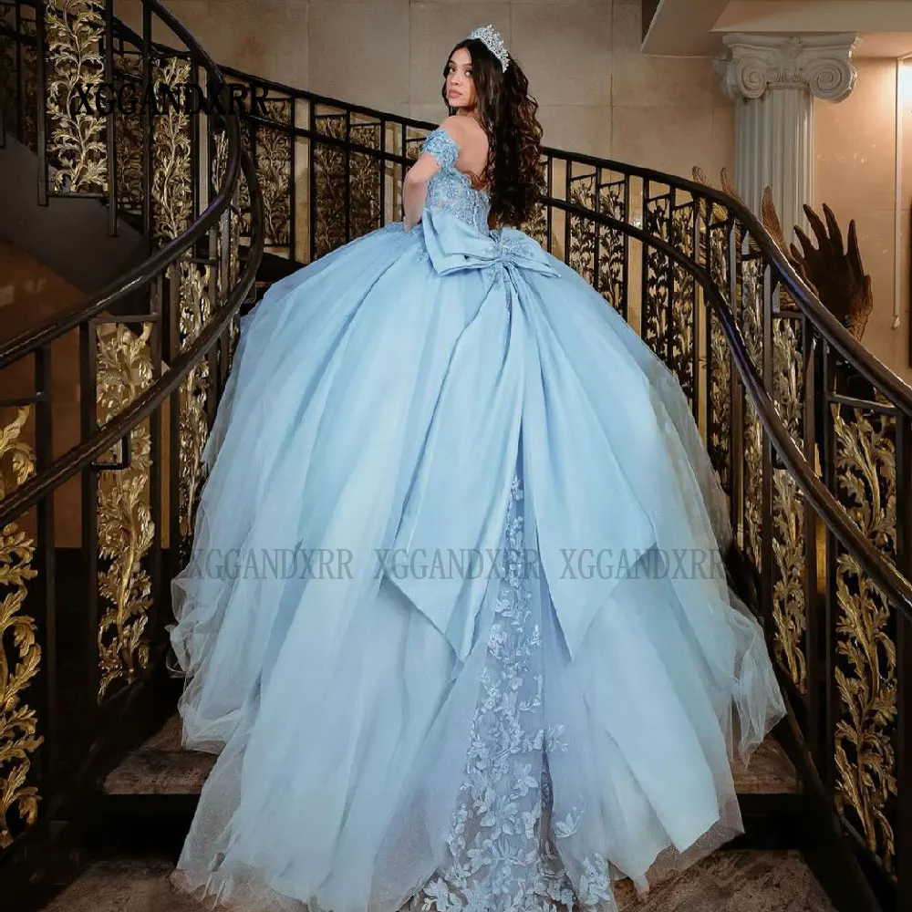 Elegant Blue Quinceanera Dresses 2024 Bow Vestido De 15 Años Sweet 16 Off Shoulder Lace Applique Beading XV Birthday Prom Party