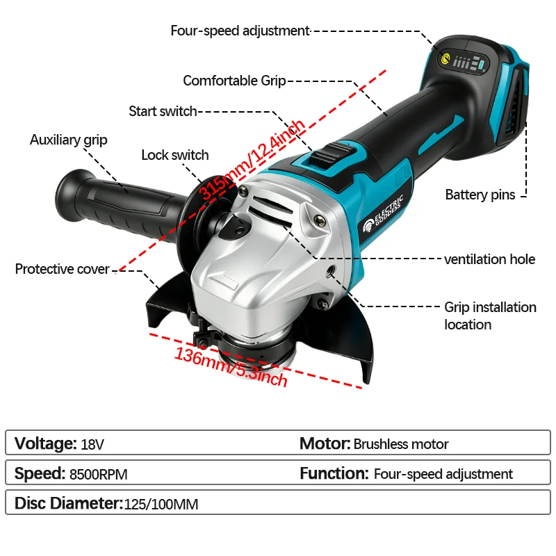 125/100mm Brushless Angle Grinder Polishing Cutting Machine Cordless Angle Grinder Tool For Makita 18V Battery Pins