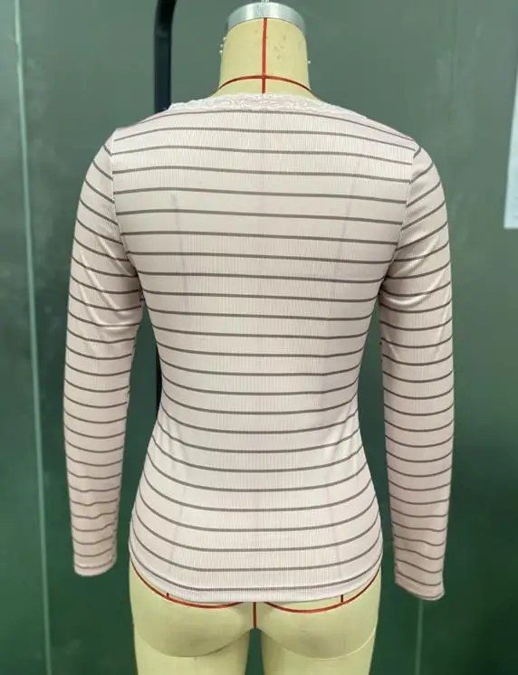 الدانتيل المرقعة العنق مخطط مطبوعة سليم تي شيرت مجسم للخريف المرأة أنيقة وغير رسمية فتاة حار سليم صالح