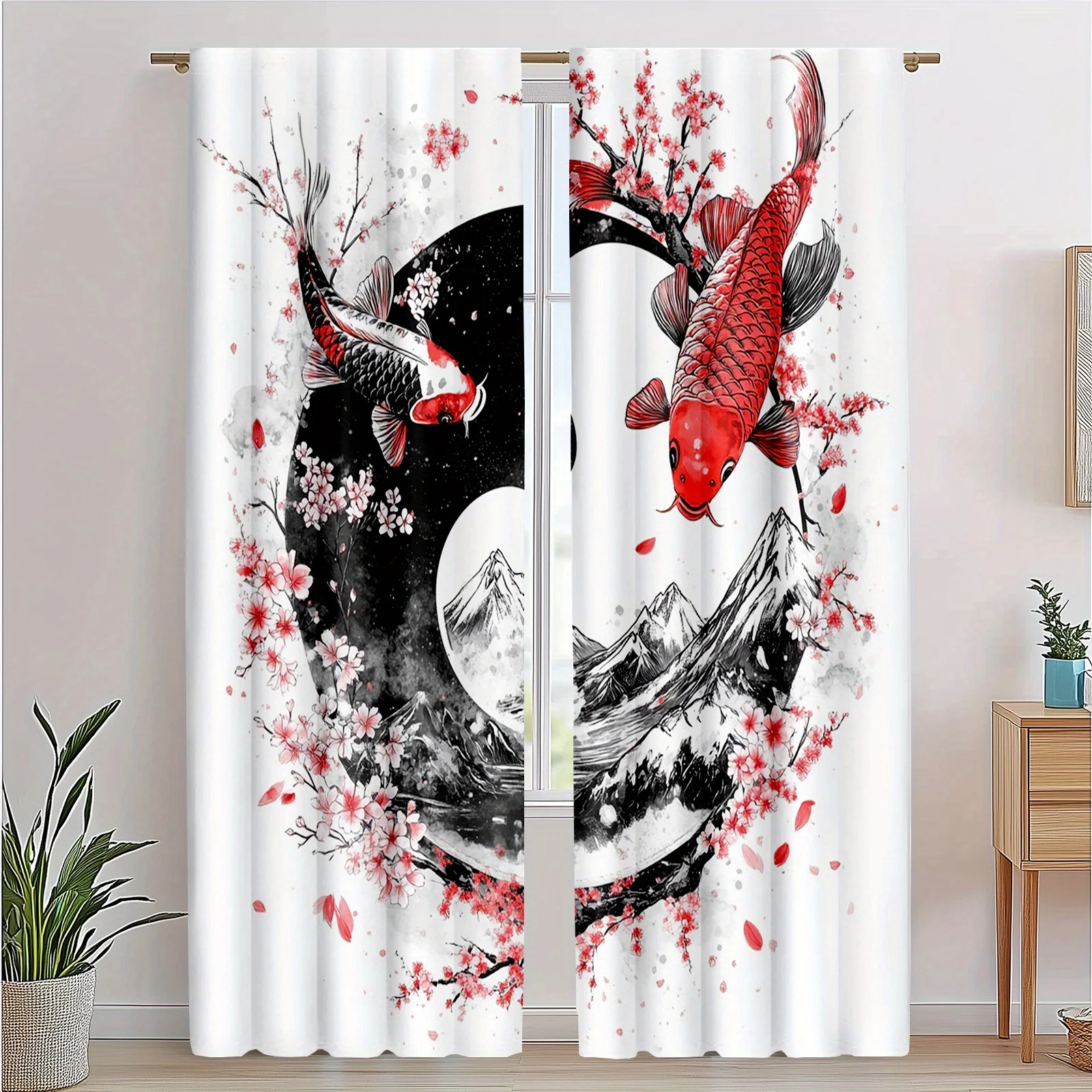 Japanese Koi Fish Watercolor Curtains 2pcs Asian Style Window Drapes Home Decor for Living Room Bedroom Oriental Artwork Accent