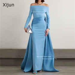 Xijun Crepe Blue Mermaid Prom Dresses Full Sleeves Formal Occasion Evening Dresses Saudi Arabric Pleats Prom Gowns For Women