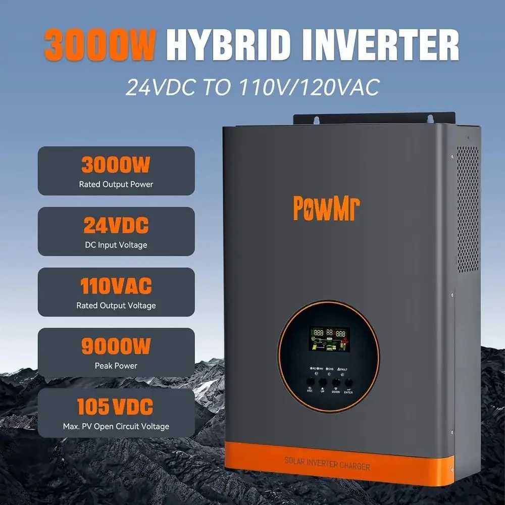 3000W Hybrid Inverter 24VDC to 110VAC, Low-Frequency, 60A MPPT, Compatible with Lead-Acid & Lithium Batteries, Peak 9000W