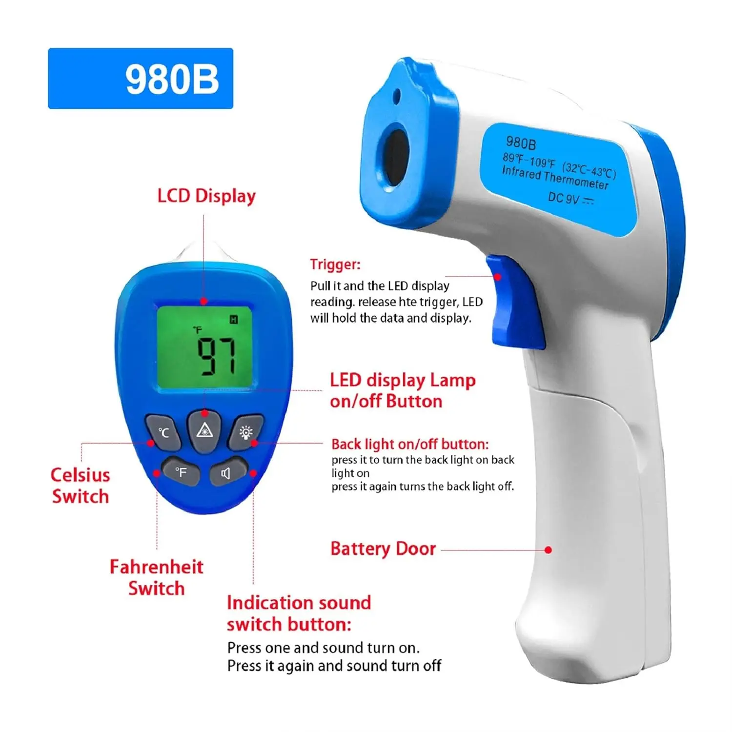 BT-980B Non-Contact Infrared Thermometer Digital Temperature Gun Measure 32℃～43℃/ 89 to109℉(NOT for Human)