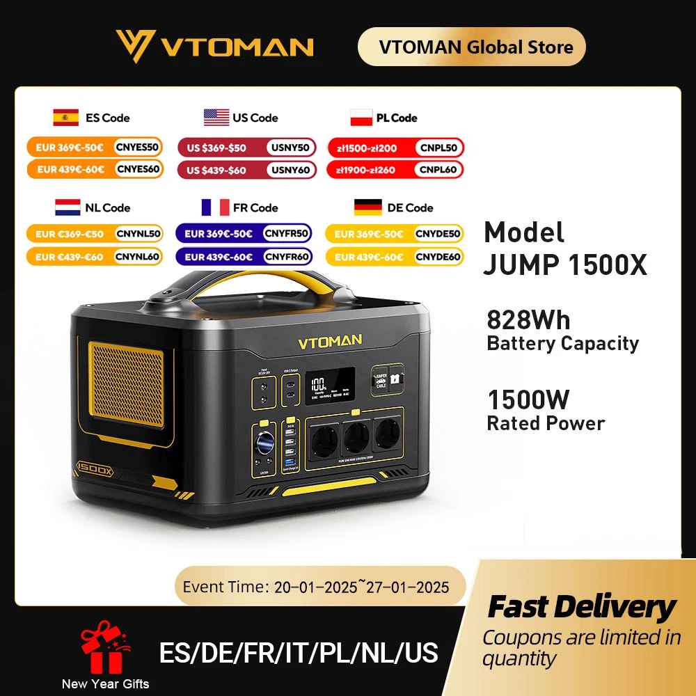 VTOMAN JUMP 1500X Portable Power Station Camping LiFePO4 Battery 828Wh 1500W AC Outlets Solar Generator For Home RV Outdoor