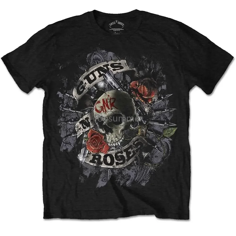 Camiseta con licencia de Guns N Roses para hombre, camisa con estampado de calavera y pistolas Slash Rock, de algodón